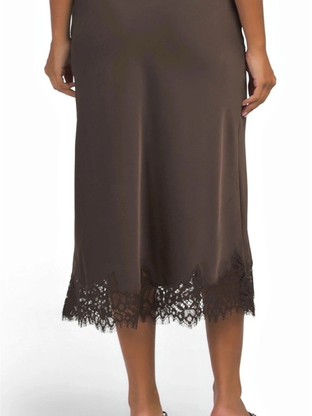 New Satin Lace Hem Midi Skirt in Brown Chocolate NWT - Picture 2 of 5